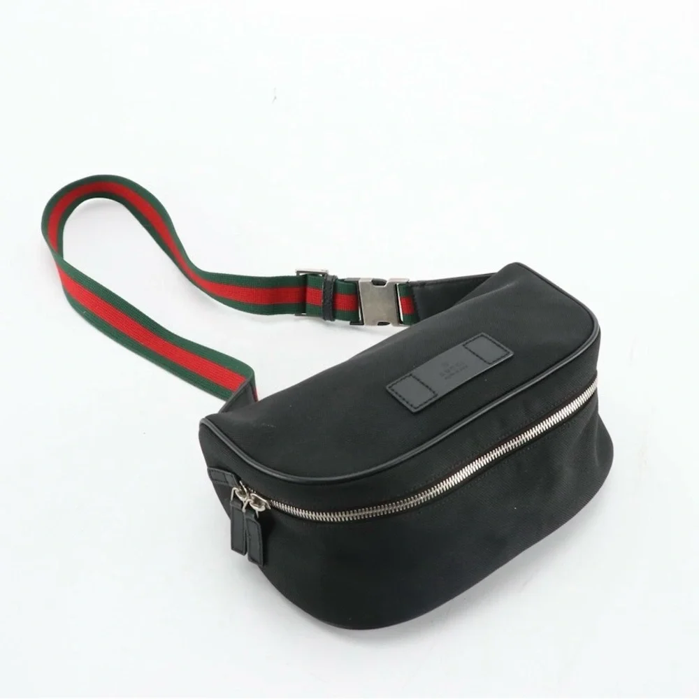 Gucci Black Techno Canvas Web Strap Belt Bag with Leather Trim